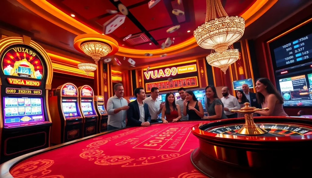 Gamblers enjoying a luxurious VUA99 branded casino experience with vibrant tables and slot machines.