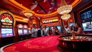 Gamblers enjoying a luxurious VUA99 branded casino experience with vibrant tables and slot machines.