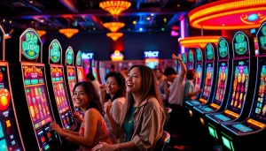 Permainan petanitoto menarik dengan pemain ceria dan mesin slot berwarna-warni.