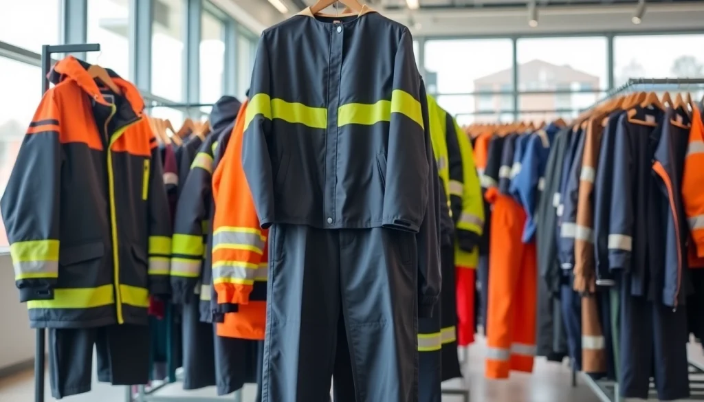Utforska billiga arbetskläder online av hög kvalitet i en modern showroom-miljö.