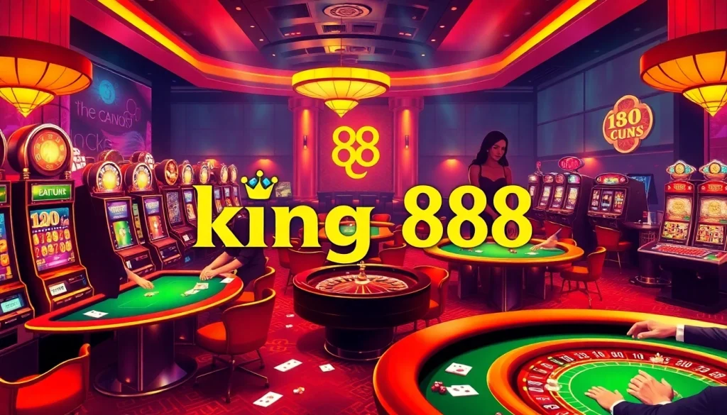 Players enjoying thrilling games at king 88 casino with poker chips and vibrant slot machines.