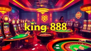 Players enjoying thrilling games at king 88 casino with poker chips and vibrant slot machines.