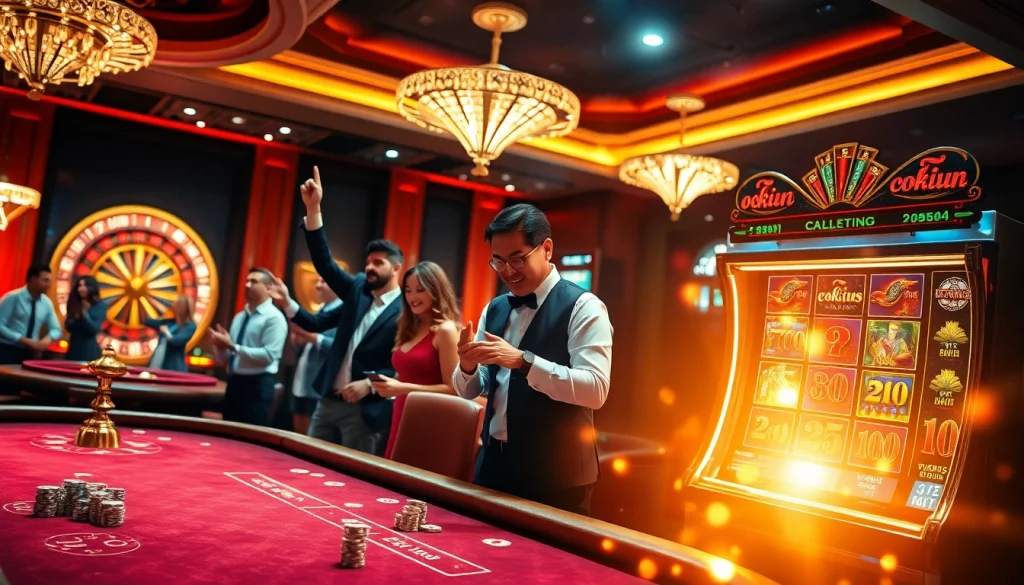 Experience the excitement of gambling with okfun's vibrant casino scene featuring tables and slot machines.
