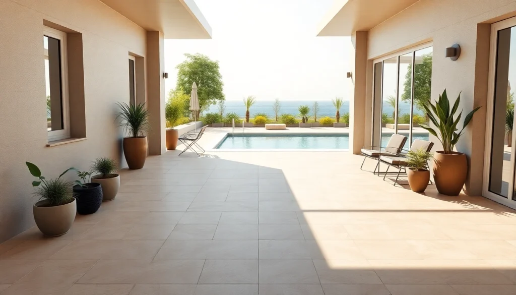 Terrasse extérieure élégante avec divers carreaux de carrelage extérieur, mettant en valeur des textures naturelles et une ambiance accueillante.