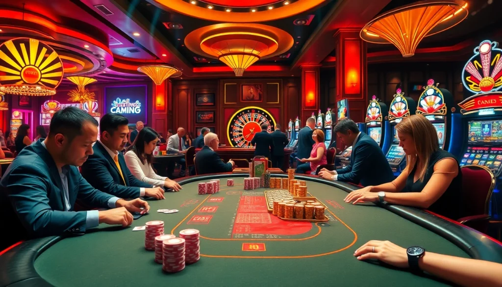 Engaged players enjoy games at a vibrant casino, highlighting excitement and link 188bet.