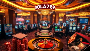 DOLA789 casino atmosphere with vibrant games and engaging players at luxury tables