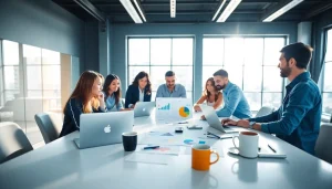 Agency team working together effectively in a contemporary office setting.