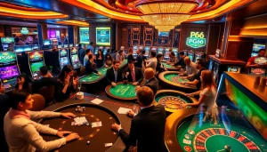 Players enjoying high-stakes games at PG66 online casino with vibrant tables and thrilling ambiance.