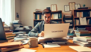 Focused student creating a detailed lucrare licenta in a cozy study environment.