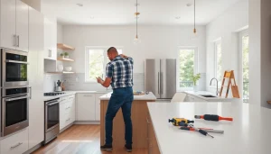 Home renovation kitchen remodeling with a craftsman seamlessly working on details.
