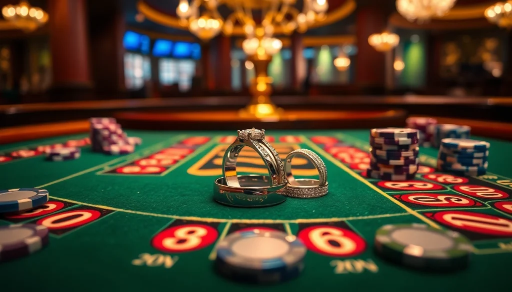 Promote stunning wedding rings (結婚對戒) showcased at a luxury casino table with poker chips and roulette.