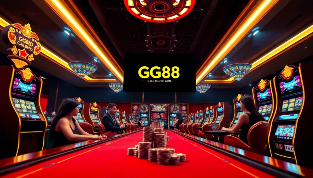 Exciting GG88 online gambling experience featuring vibrant tables and slot machines.