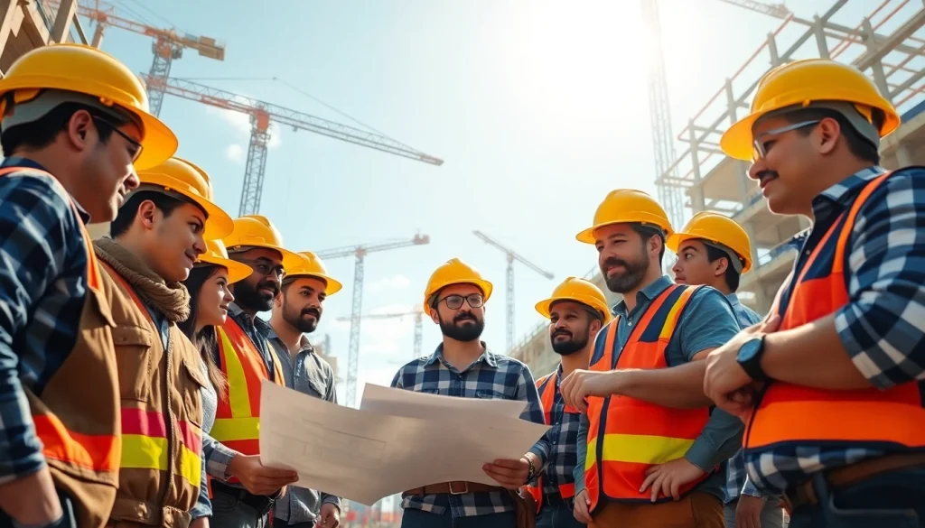 Workers pursuing Careers in construction at a vibrant construction site demonstrating teamwork.