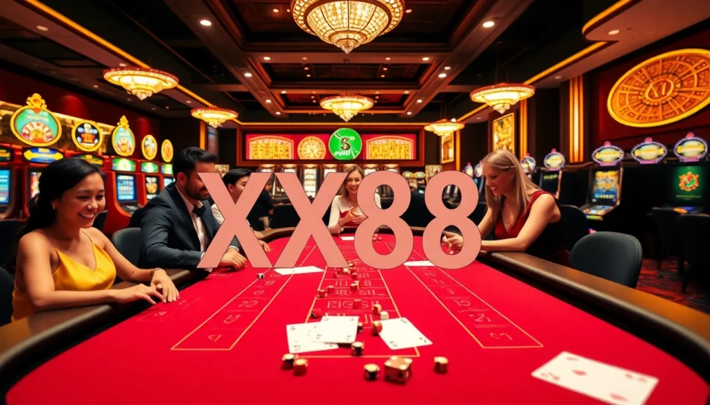 Action-packed Baccarat game at XX88 casino, showcasing vibrant tables and professional dealers.