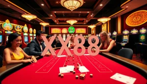 Action-packed Baccarat game at XX88 casino, showcasing vibrant tables and professional dealers.