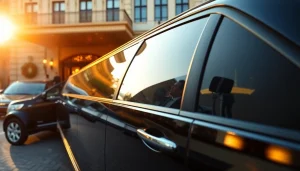Experience high-end limousine service near me with a luxurious vehicle outside a grand hotel.