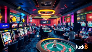 Experience the excitement of luck8 with players enjoying vibrant casino games like slots and roulette.