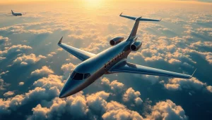 Experience luxury travel with a private jet from https://flymarquis.com against a stunning sunset backdrop.