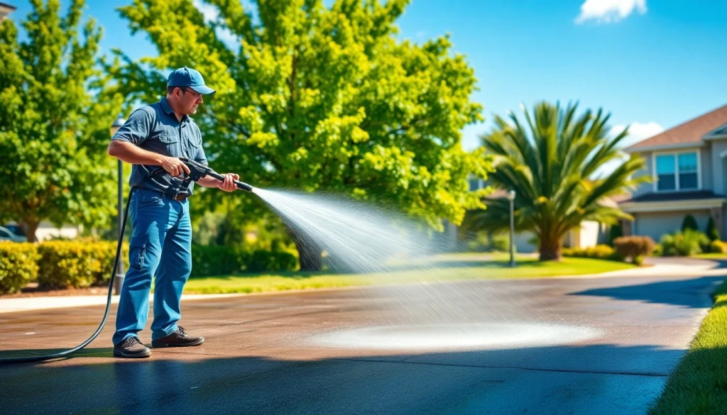 Pressure wash team cleaning a driveway in Kissimmee, showcasing effective exterior cleaning.