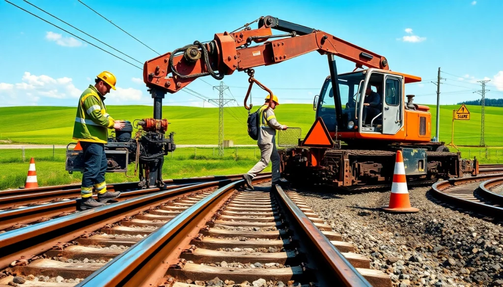Emergency Railroad Repair Services in action with technicians working on tracks using heavy machinery.