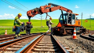 Emergency Railroad Repair Services in action with technicians working on tracks using heavy machinery.