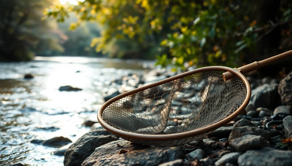 A fly fishing net displayed prominently on a rocky riverbank, showcasing its quality craftsmanship.