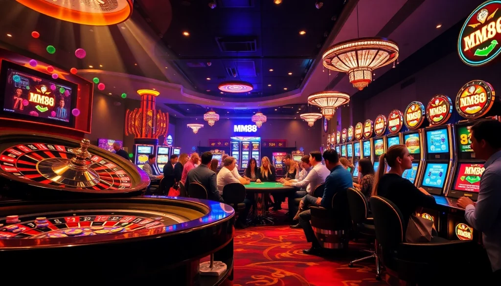 Players enjoying various games at MM88 casino, featuring lively table action and slot machines.