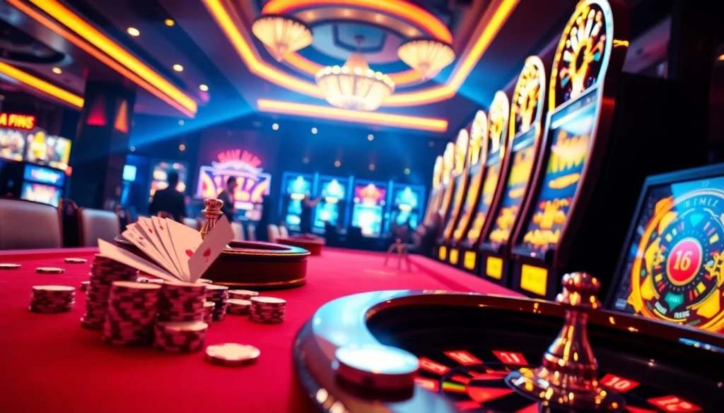 Experience the thrilling online gambling atmosphere on https://789fcom.asia/ with an engaging casino scene featuring poker tables, roulette wheels, and modern slot machines.