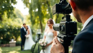 Videographer capturing joyous wedding moments in a beautiful outdoor setting.