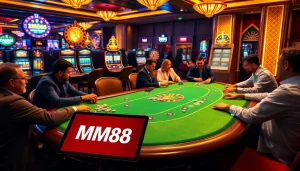 MM88 players strategizing at a luxurious poker table in an elegant casino.