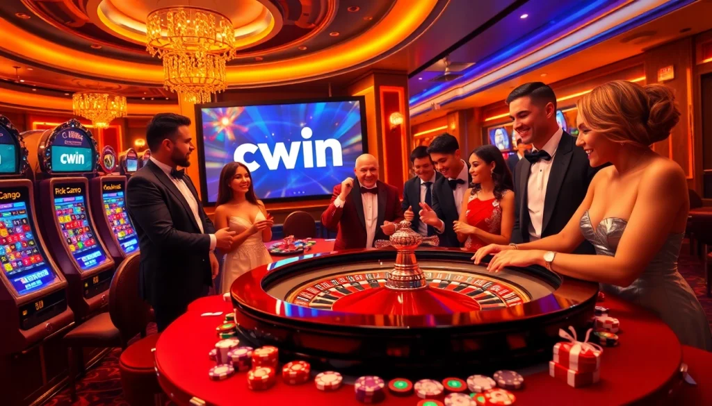 Players enjoying a high-stakes roulette game at a luxurious casino featuring cwin elements.