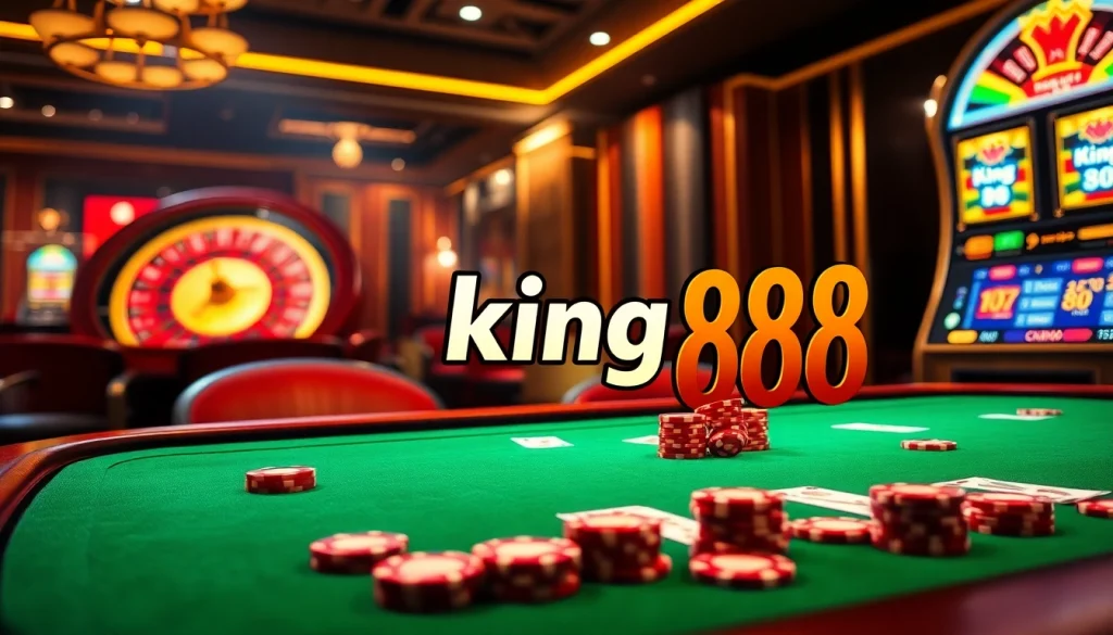 Engage with king 88 at a vibrant casino table loaded with cards, chips, and a spinning roulette wheel.