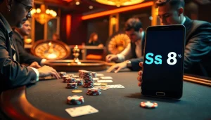 S8 casino players engage in high-stakes poker with vibrant chips and cards in a luxurious setting.