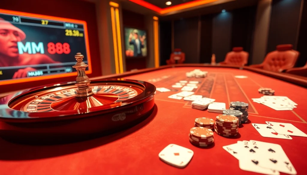 MM88 players engaging in an exciting casino experience with poker chips and cards.