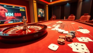 MM88 players engaging in an exciting casino experience with poker chips and cards.