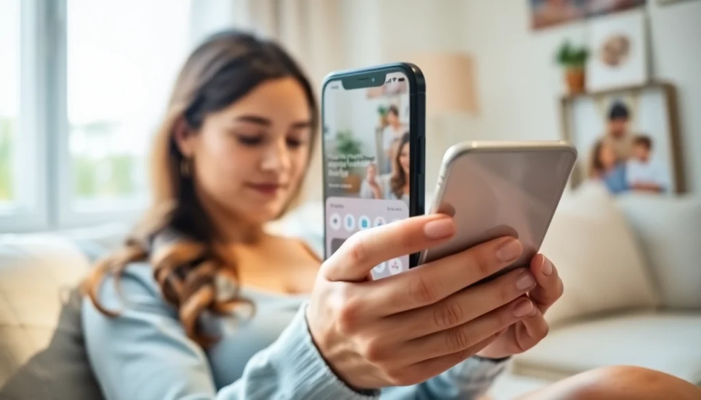 Engaged mother using a Postpartum support app on her smartphone in a cozy home.