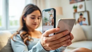 Engaged mother using a Postpartum support app on her smartphone in a cozy home.
