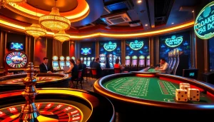 Immersive online gambling experience at trang chủ new88 featuring slot machines and poker chips.