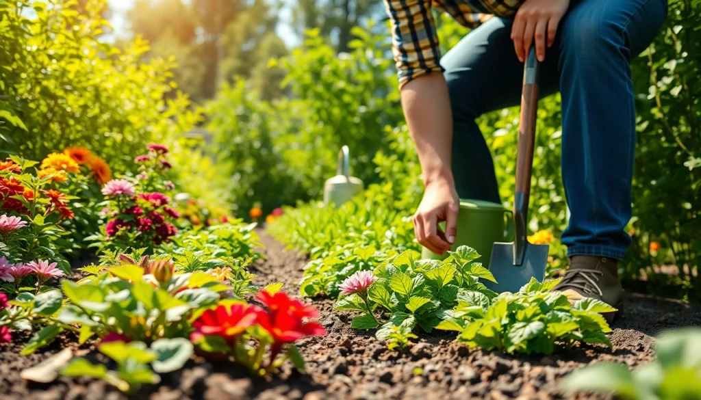 Engaging scene of Gardening with a passionate gardener surrounded by vibrant plants and colorful flowers.