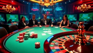 Engage in excitement with ffgg88.com at a luxurious poker table, showcasing chips, cards, and roulette.