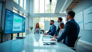 Business professionals collaborating in a vibrant meeting space showcasing teamwork and strategy.
