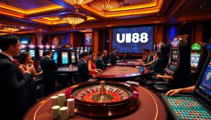 Players winning big at UU88 casino with vibrant tables and slot machines.