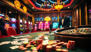 Betting strategies at LC88 casino with vibrant slot machines and colorful poker chips.