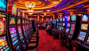 Permainan slot walettoto yang menampilkan mesin slot berwarna-warni dan suasana kasino yang enerjik