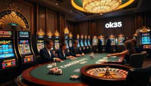 Experience the thrill of gambling at ok365 in a luxurious casino setting with poker tables and slot machines.