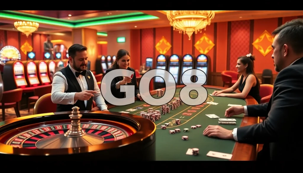 GO8 players celebrate wins at a luxurious casino table with roulette and poker elements.