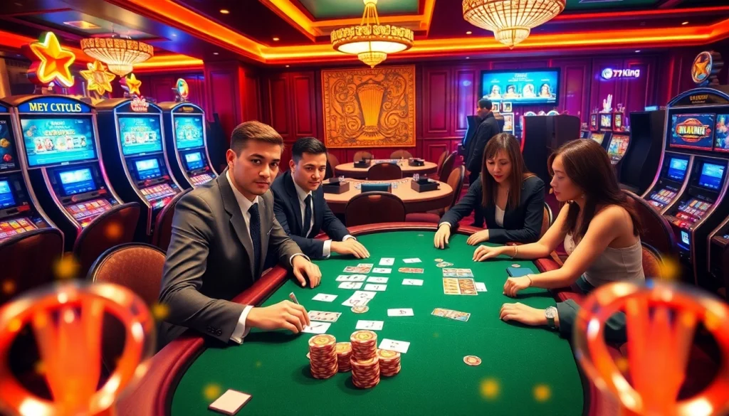 Engaging scene at nhà cái 79king featuring players at a luxurious poker table and vibrant slot machines.