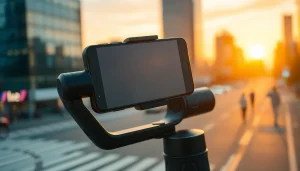 Smartphone-Gimbal stabilizing a smartphone in an urban setting during golden hour, showcasing advanced technology.