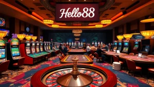 Hello88 casino gaming scene featuring vibrant slot machines and engaging players at roulette tables.