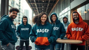 RageOff hoodies showcased on trendy young adults in an urban setting, emphasizing style and comfort.
